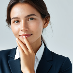 A professional woman with healthy, radiant, dewy skin and a natural glow, subtly touching her cheek with well-formed hands. She wears modest business attire, a fully clothed and appropriate elegant top. The setting is a bright, sunlit studio with a clean, minimalist background and soft focus. Professional photography, high-resolution, detailed, cinematic lighting, perfect anatomy, correct proportions, natural pose, natural body proportions, proper finger count. Safe for work, appropriate content, fully clothed, professional.