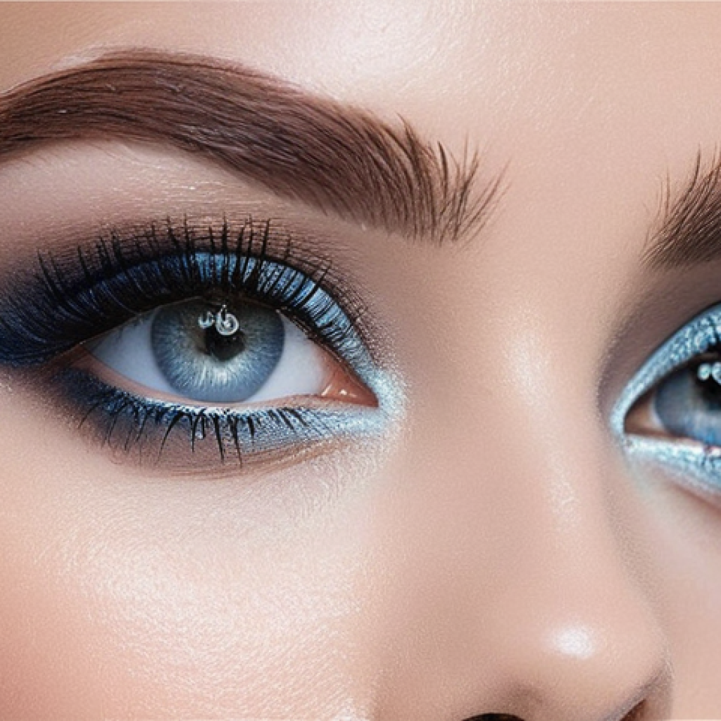 스모키 아이 메이크업 팁 - **Image Prompt 1: Ethereal Misty Blue Smoky Eyes**
    A female model in her mid-20s with an enigmat...