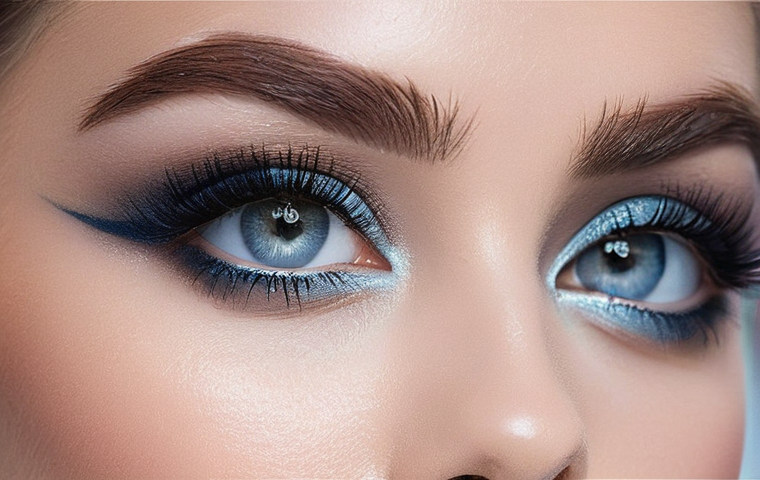 스모키 아이 메이크업 팁 - **Image Prompt 1: Ethereal Misty Blue Smoky Eyes**
A female model in her mid-20s with an enigmat...