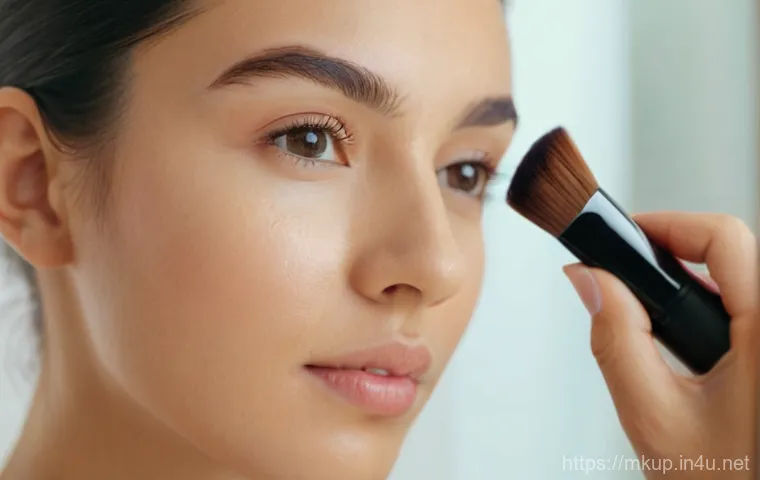 초보자를 위한 메이크업 브러쉬 세트 추천 - A bright, inviting close-up of a young woman (early 20s) with clear, healthy skin, gently applying l...