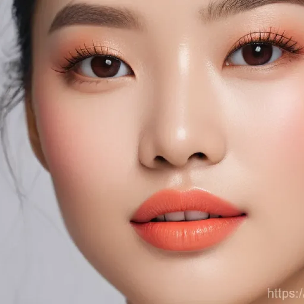 퍼스널 컬러별 립스틱 추천 - A beautiful East Asian woman with a warm skin tone, showcasing two distinct lipstick looks. On one s...