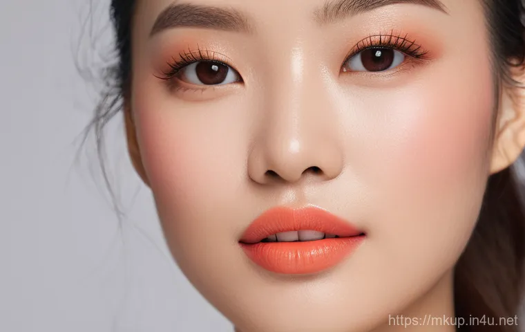 퍼스널 컬러별 립스틱 추천 - A beautiful East Asian woman with a warm skin tone, showcasing two distinct lipstick looks. On one s...