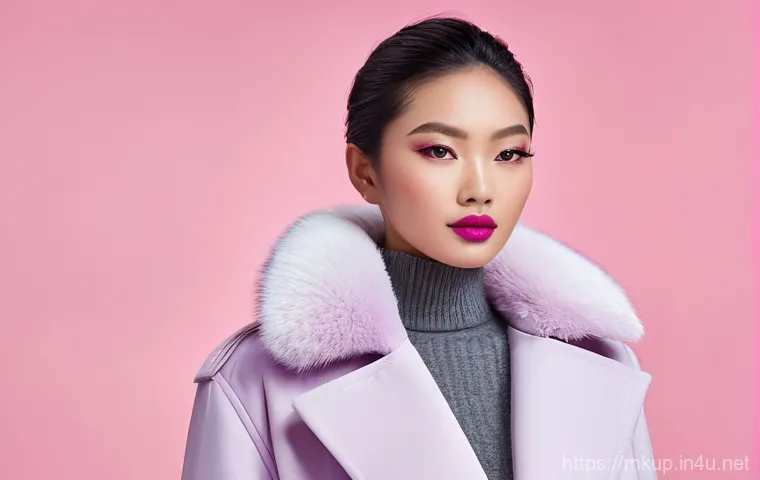 퍼스널 컬러별 립스틱 추천 - A beautiful East Asian woman with a warm skin tone, showcasing two distinct lipstick looks. On one s...