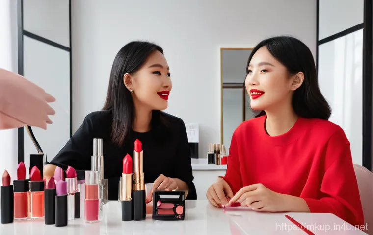 퍼스널 컬러별 립스틱 추천 - A stylish East Asian woman with a cool skin tone, demonstrating two captivating lipstick styles. On ...