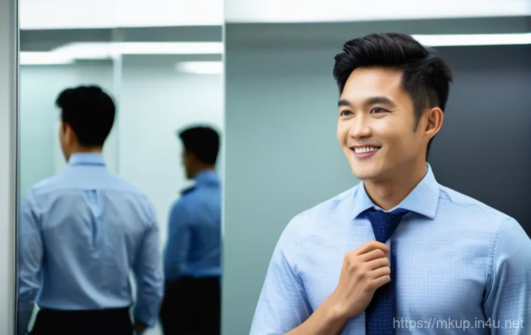 남성 메이크업 베이스 추천 - A professional-looking young Asian man, aged late 20s to early 30s, stands in front of a mirror in a...