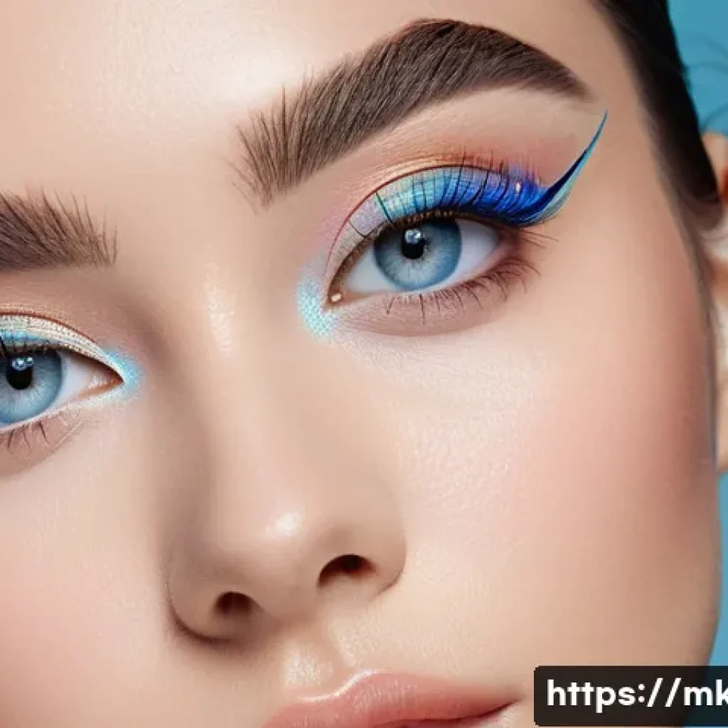 스머지 프루프 아이라이너 베스트 - **Prompt:** A close-up studio shot of a young woman with flawless skin, wearing a vibrant blue winge...