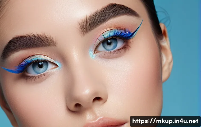 스머지 프루프 아이라이너 베스트 - **Prompt:** A close-up studio shot of a young woman with flawless skin, wearing a vibrant blue winge...