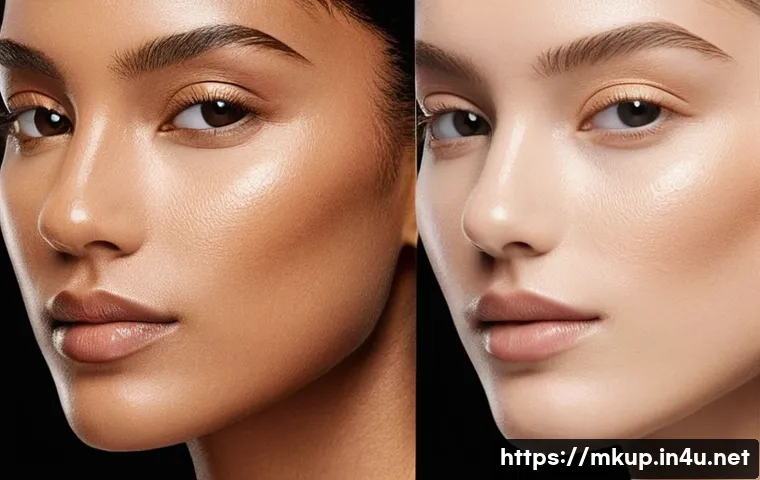 더블웨어 파운데이션과 아르마니 파워 패브릭 비교 - **Image Prompt 1: Foundation Texture and Application Contrast**
A close-up, split image of a wom...