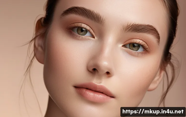 광채 메이크업을 위한 글로우 파운데이션 - A close-up portrait of a young woman with flawless, glowing skin wearing lightweight glow foundation...