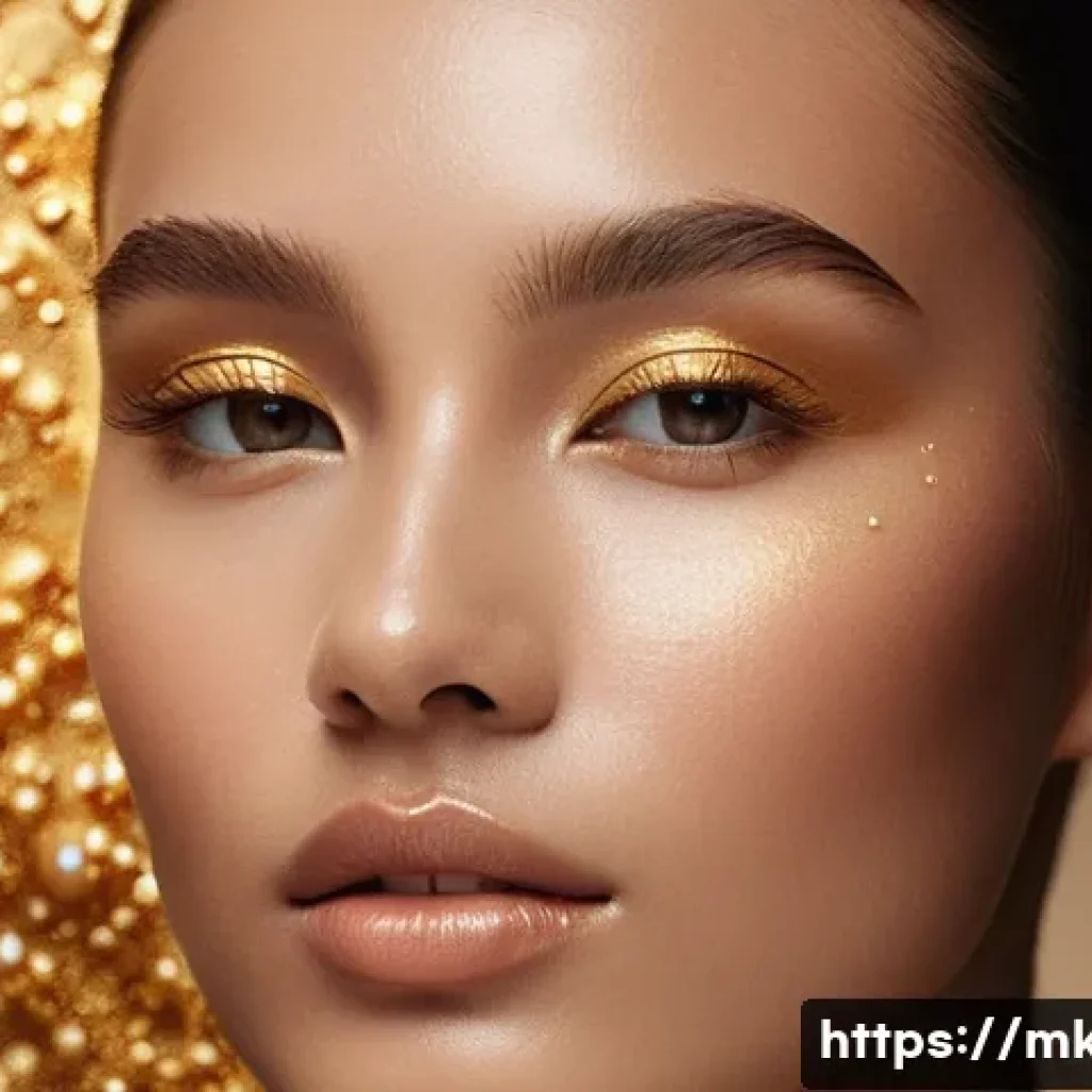 펄 입자가 고운 하이라이터 추천 - A close-up portrait of a young woman with warm-toned skin applying a finely milled gold pearl powder...