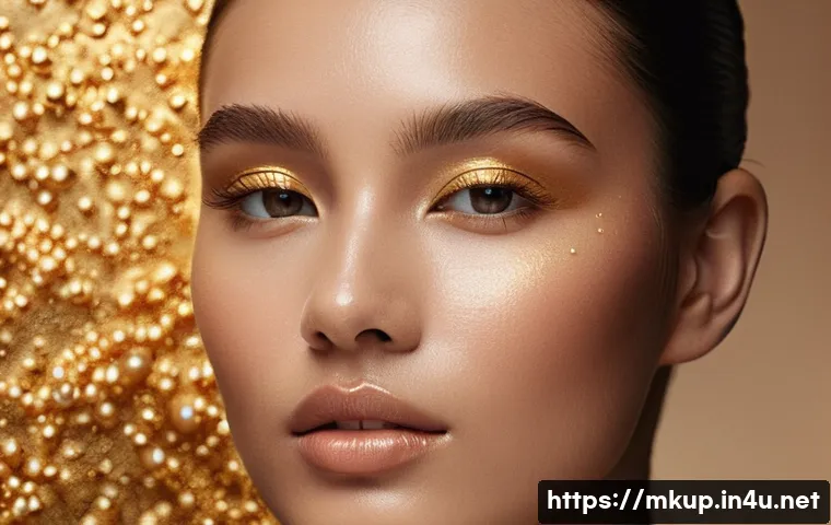 펄 입자가 고운 하이라이터 추천 - A close-up portrait of a young woman with warm-toned skin applying a finely milled gold pearl powder...