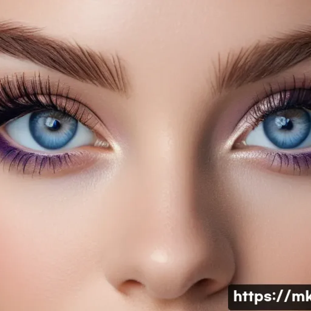 눈매 교정을 위한 속눈썹 컬러 추천 - A close-up portrait of a woman with striking blue eyes, featuring long, curled eyelashes tinted in n...