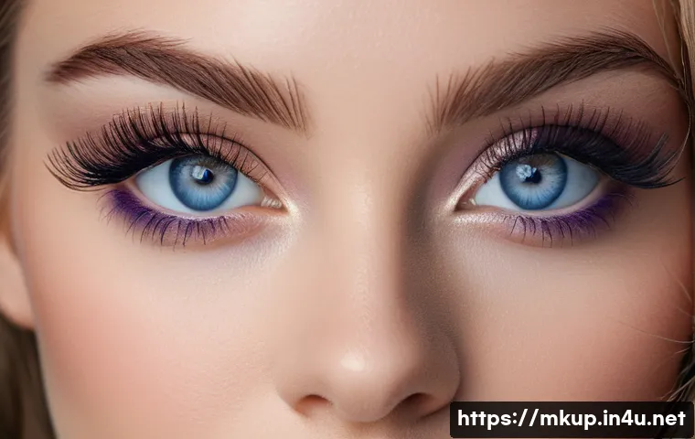 눈매 교정을 위한 속눈썹 컬러 추천 - A close-up portrait of a woman with striking blue eyes, featuring long, curled eyelashes tinted in n...