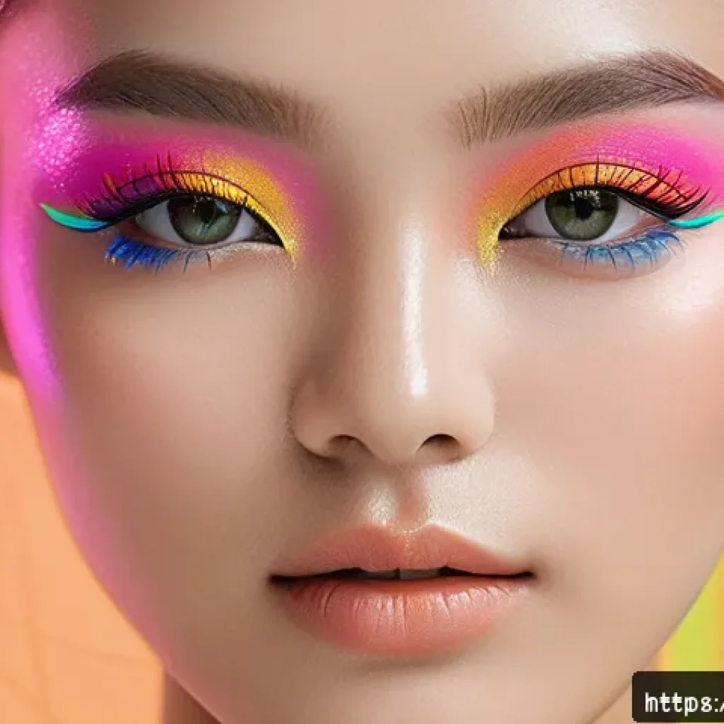 트렌디한 네온 컬러 섀도우 추천 - A vibrant close-up portrait of a young woman applying neon eyeshadow, featuring bright pink, orange,...
