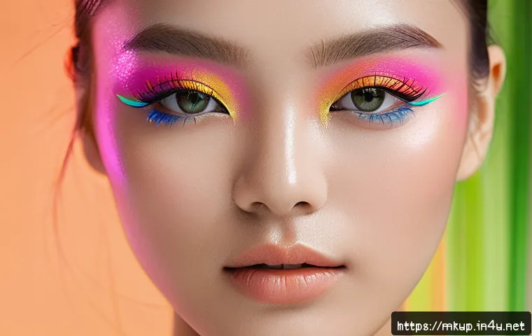 트렌디한 네온 컬러 섀도우 추천 - A vibrant close-up portrait of a young woman applying neon eyeshadow, featuring bright pink, orange,...