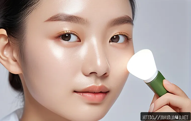저자극 프라이머 추천 - A close-up portrait of a young woman with sensitive skin applying a lightweight, moisturizing primer...
