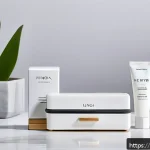 Home 21 올인원 메이크업 제품 추천 - A sleek, modern cosmetic product display featuring a variety of all-in-one makeup items arranged nea...