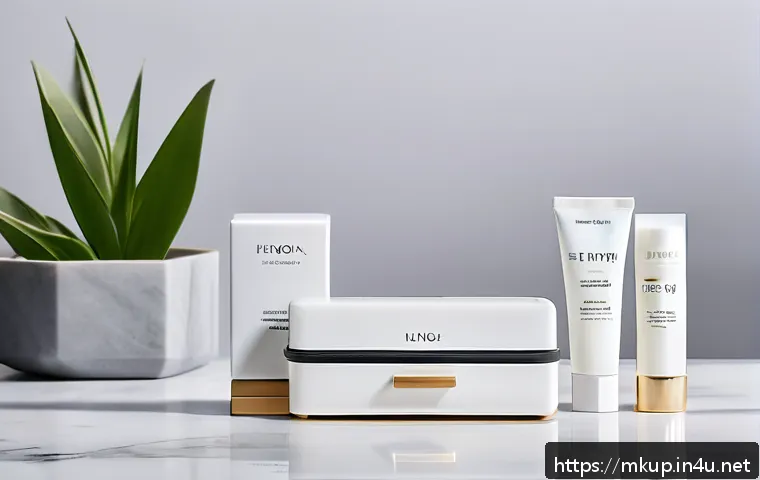 올인원 메이크업 제품 추천 - A sleek, modern cosmetic product display featuring a variety of all-in-one makeup items arranged nea...