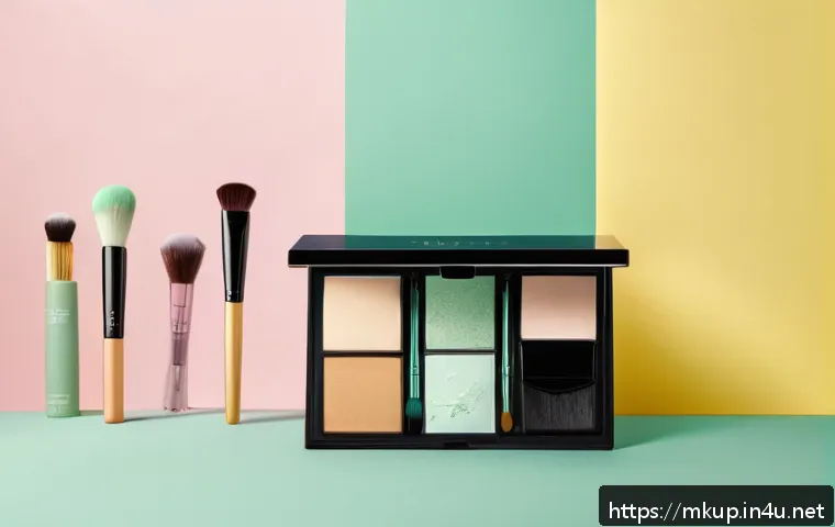 피부결 정돈을 위한 세팅 파우더 - A detailed close-up of a variety of setting powders arranged on a sleek vanity table, showcasing loo...