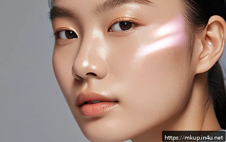 글로우 스틱과 크림 하이라이터 차이 - A close-up portrait of a young woman with oily skin applying a lightweight glow stick highlighter on...