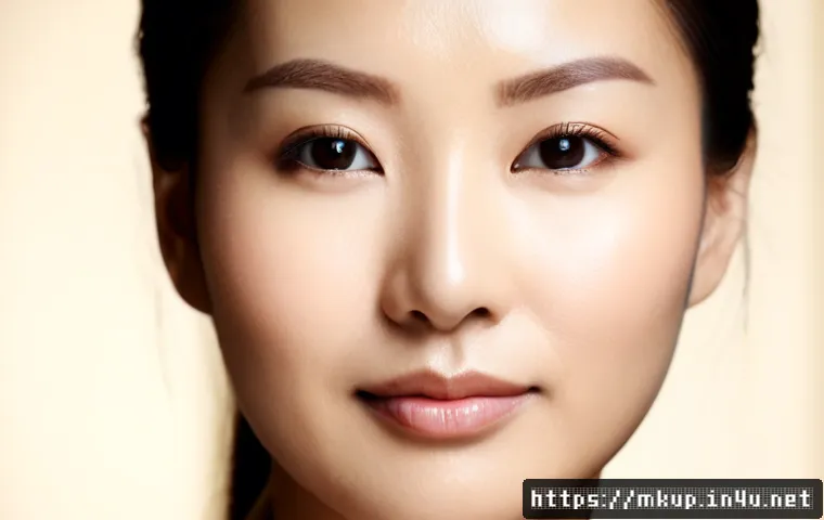 피부결을 살리는 파운데이션 프라이머 - Photorealistic close-up beauty portrait of a mature woman with naturally smooth, refined skin textur...